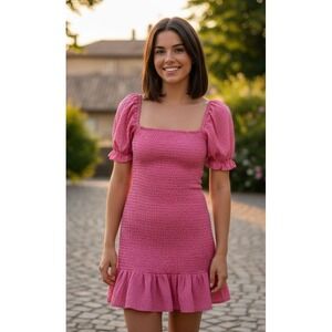 Zara Youth Smocked Puff Sleeve Ruffle Hem Dress Youth Size S Pink Party Cocktail